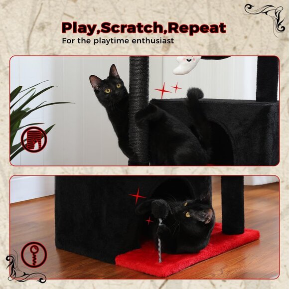 New 45in Gothic Cat Tree with 2 Condos, Hammock, Toys & Scratching Posts – Black - Picture 6 of 8